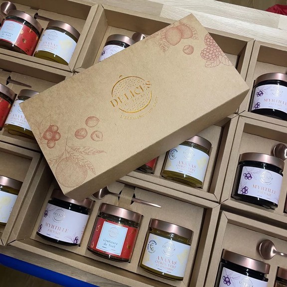 Coffret kraft avec cuillère cuivrée – Coffret 3 pots de confiture O'Délice de Lucas